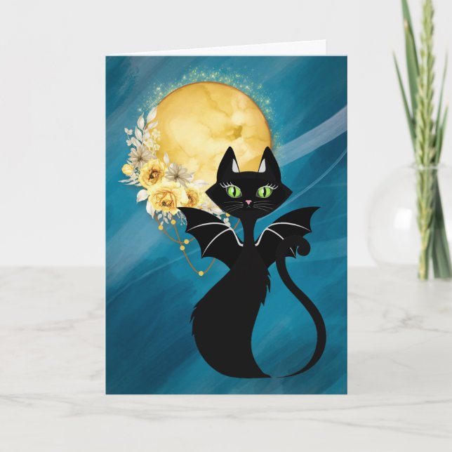 Gato negro | Gato Bat | Elegante tarjeta de Hallow (Anverso)