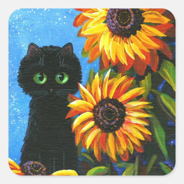 Gato negro girasoles Creationarts Pegatina cuadrad (Anverso)
