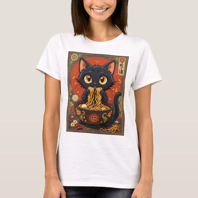 Gato negro lindo con camiseta de fideos (Anverso)