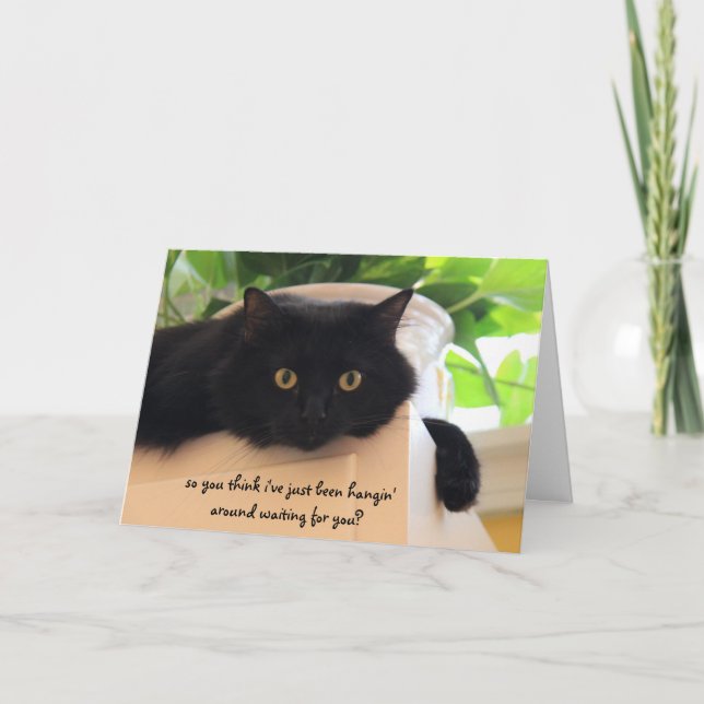 Gato negro lindo, tarjeta divertida de "te extraño (Anverso)