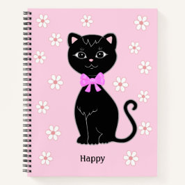 Gato negro lindo y flores en libreta rosa claro