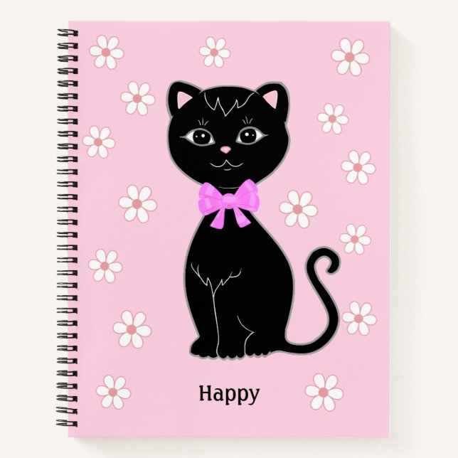 Gato negro lindo y flores en libreta rosa claro (Anverso)
