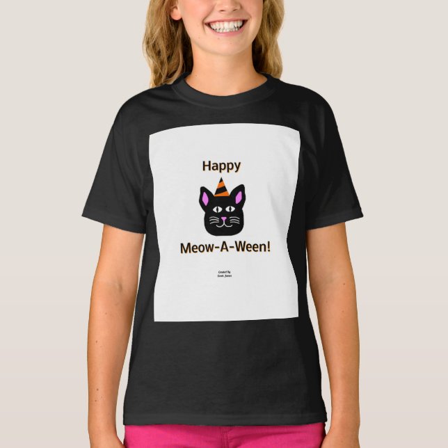 Gato negro Meow-A-Ween Chicas Camiseta básica negr (Anverso)
