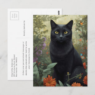 Gato negro místico en la tarjeta postal del jardín