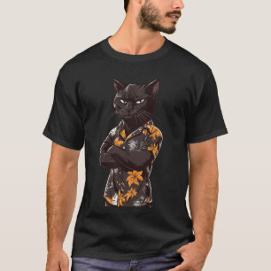 Gato negro musculoso que lleva una camiseta hawaia