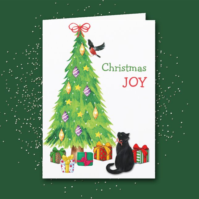 Gato negro, pájaro y alegría del árbol de Navidad (Subido por el creador)