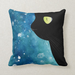 Gato negro precioso en Cojín decorativo azul de l