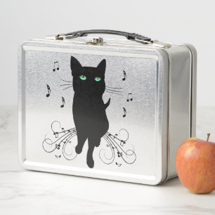 Gato negro rodeado de notas susurrantes de música