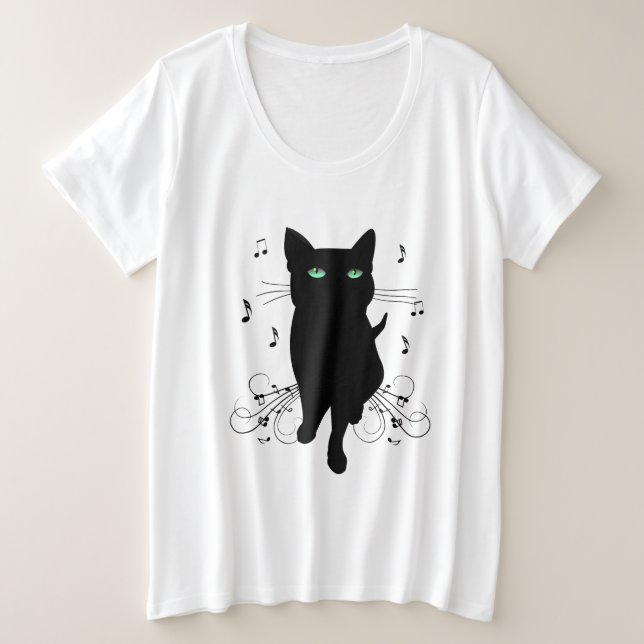 Gato negro rodeado de notas susurrantes de música (Anverso del diseño)