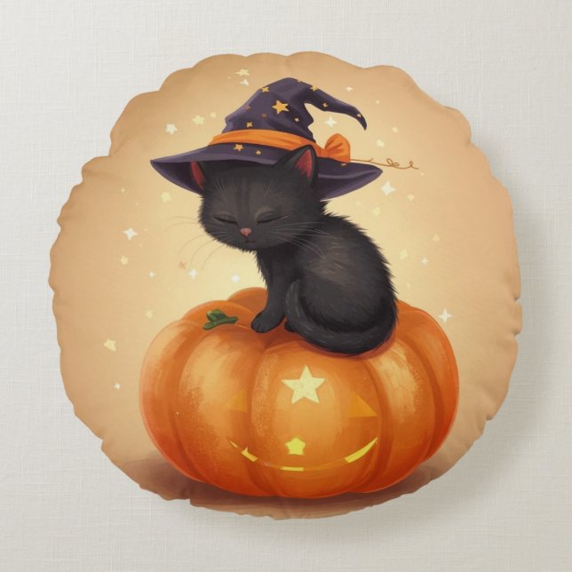 Gato negro sobre calabaza Halloween Almohada redon (Anverso)