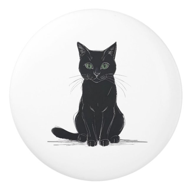 Gato negro sobre tirador de puerta de fondo blanco (Anverso)