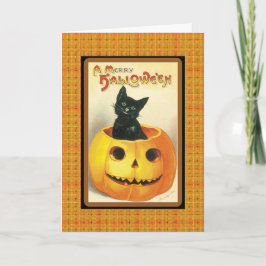 Gato negro vintage en la tarjeta de Halloween de l