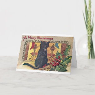 Gato negro vintage en la tarjeta de Navidades de l
