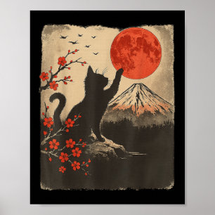 Gato Negro Vintage Retro Japón Arte Tema Japonés