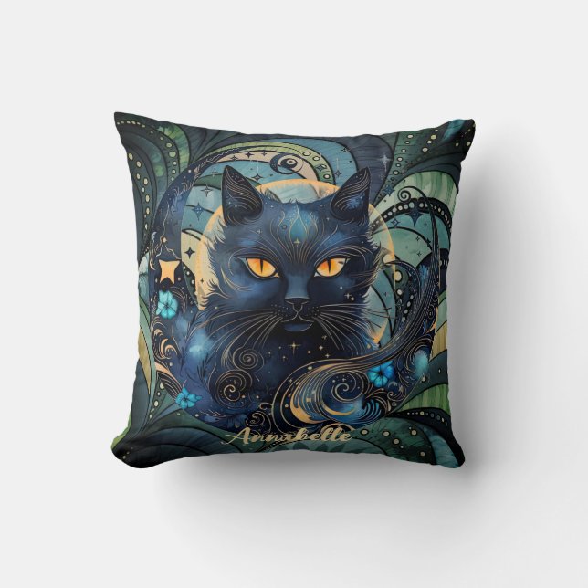 Gato negro y almohada celestial de la luna arroja. (Anverso)