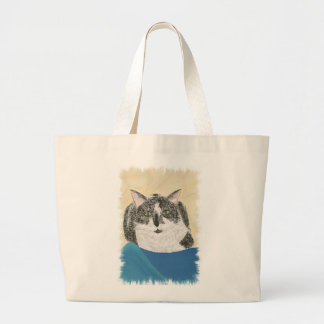 Gato negro y blanco de esmoquin en azul, bolsas