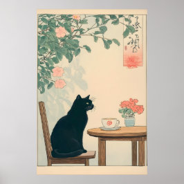 Gato Negro y Café Impreso Arte Ukiyo-e Japandi