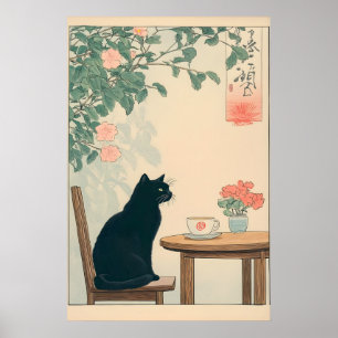 Gato Negro y Café Impreso Arte Ukiyo-e Japandi