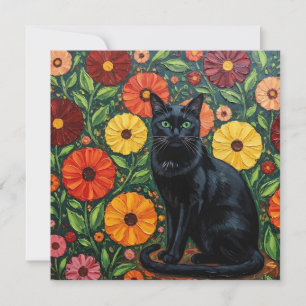 Gato negro y flores de arte popular coloridas