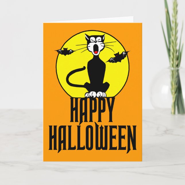 Gato negro y Luna Llena - tarjeta de felicitación (Anverso)