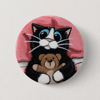 Gato negro y peluche - botón del arte del gato