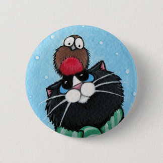 Gato negro y petirrojo - botón del arte del gato