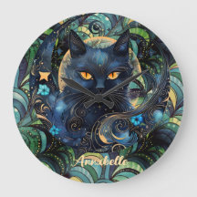 Gato negro y reloj celestial de pared lunar