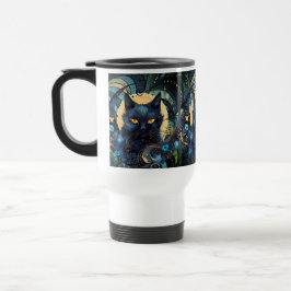 Gato negro y taza celestial de viaje en la luna