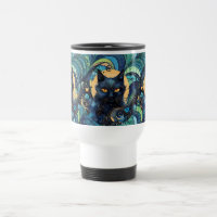 Gato negro y taza celestial de viaje en la luna