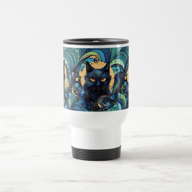 Gato negro y taza celestial de viaje en la luna (Centro)