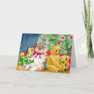 Gato, oso de peluche, tarjeta del árbol de navidad