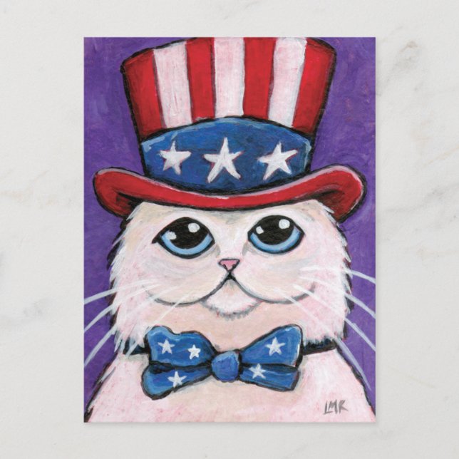 Gato persa blanco patriótico | 4.ª postal de julio (Anverso)