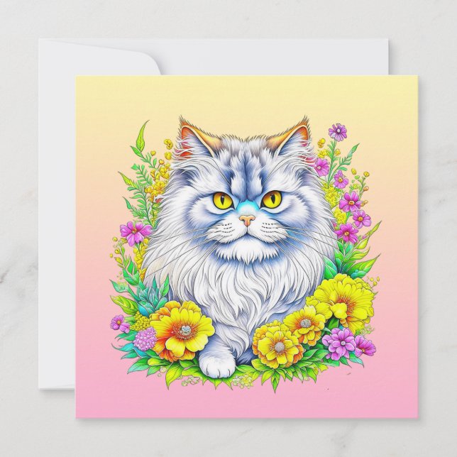 Gato persa en blanco con flores amarillas y rosas (Anverso)