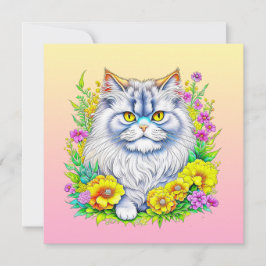 Gato persa en blanco con flores amarillas y rosas