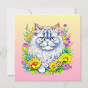 Gato persa en blanco con flores amarillas y rosas