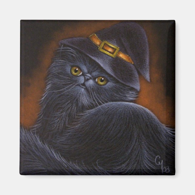 Gato persa negro con Gorra de bruja - imán (Frente)
