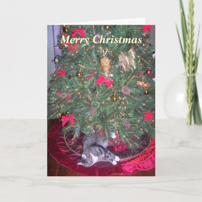 Gato por debajo la tarjeta de Navidad del árbol (Anverso)