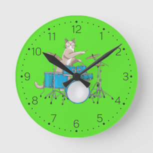 Gato que juega los tambores - reloj de pared con