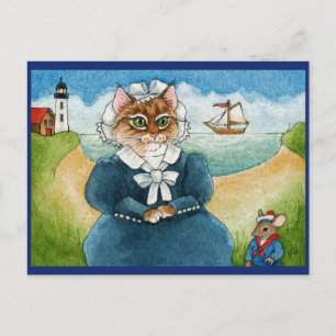 Gato, ratón, faro, barco, postal de playa
