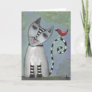 Gato rayado y pájaro rojo - tarjeta de