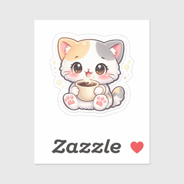 Gato Rectangular Pegatina de Café Kawaii – Gatito  (Hoja)