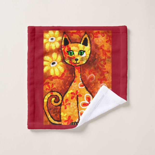 Gato retro caprichoso Kitty Floral Naranja amarill (Toallita)