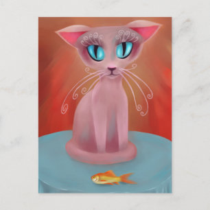 Gato rosa con pez dorado en tarjeta de mesa azul