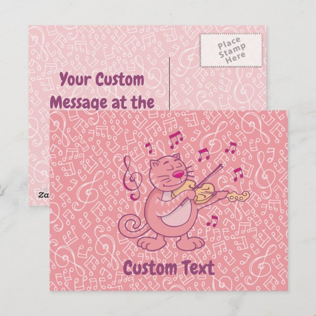 Gato rosa con postal de violín (Anverso / Reverso)