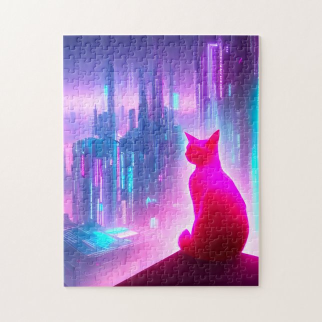 Gato Rosa Mirando El Rompecabezas De La Ciudad (Vertical)