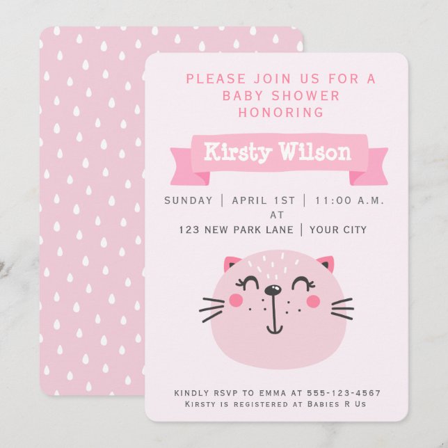 Gato rosado | Invitación de Baby Shower (Anverso / Reverso)