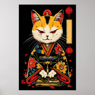Gato Samurái Arte Impreso – Guerrero Japonés Kimon