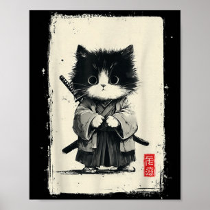 Gato Samurái Arte Japonés Sumi-e Novedad Kawaii