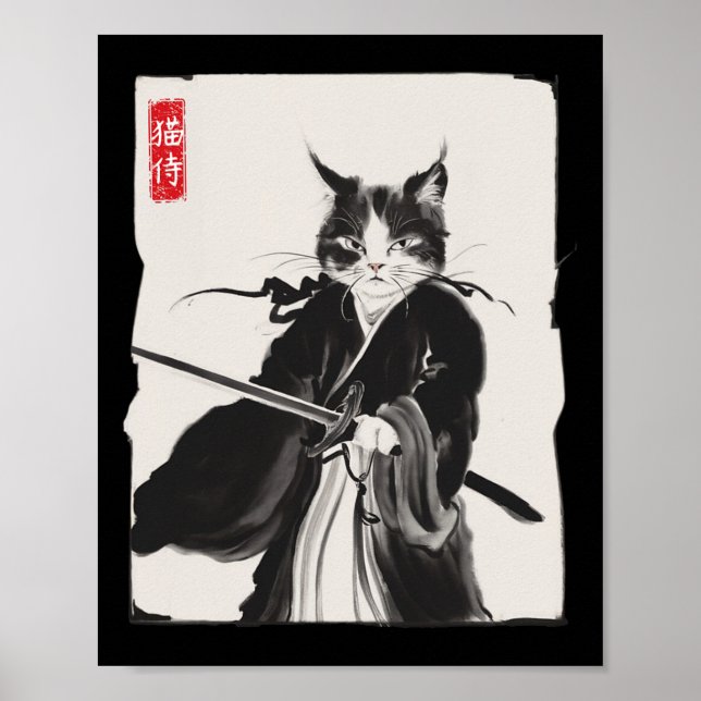 Gato Samurai Guerrero Arte Ink Gracioso Estilo Jap (Frente)