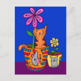 Gato sentado en las postales de las macetas de flo